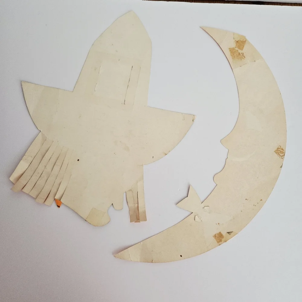 Vintage Halloween Die Cut Paper Wall Decorations Neon Witch Moon 70s Lot of 2